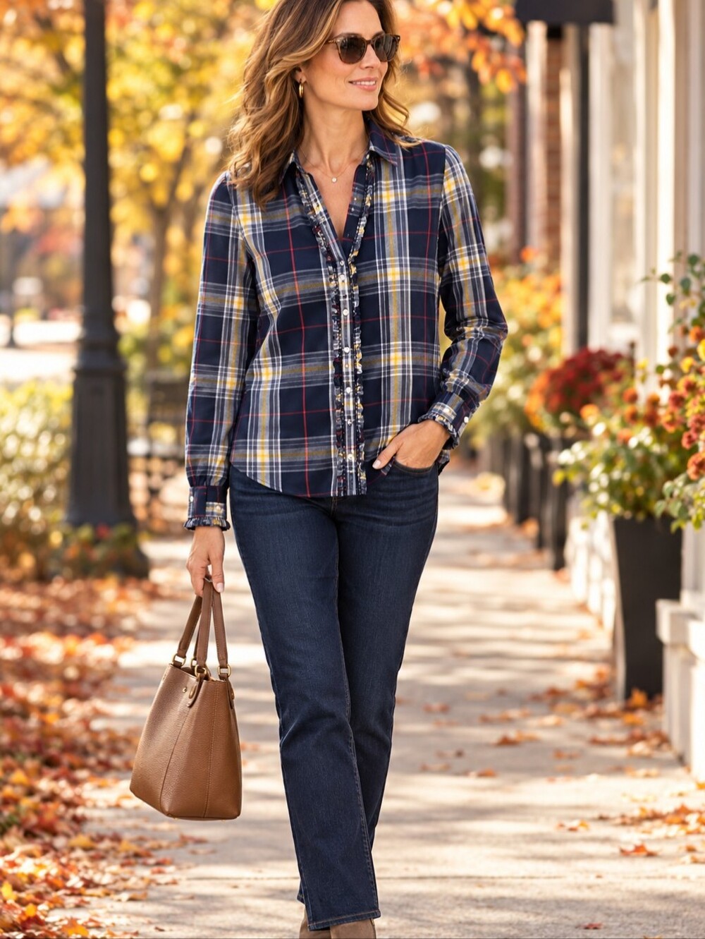 Tommy Hilfiger Navy Plaid Ruffle Trim Button Front Shirt Small